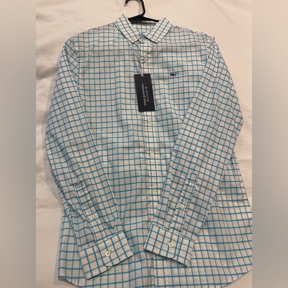 Vineyard Vines White Shirt with Blue Windowpane Check youth large NWT